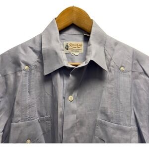 Ramon Puig Men's Sz Large Button Front Guayabera 4 Pocket Cuban Blue Linen Shirt